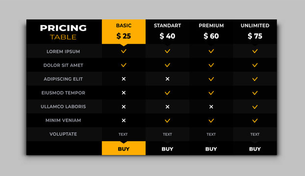 Simple comparison pricing chart table list. Vector comparing price banner product, unlimited menu planning services cost table with discount box, column, tariff infographic template