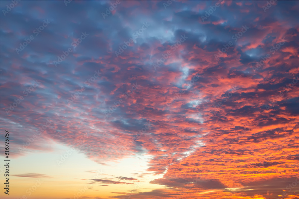 Wall mural sunset fire in the sky of natural color. dark blue clouds with red reflections of the setting sun. s
