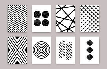 Abstract geometric scandinavian pattern set. Vector minimalistic art posters simple swiss style. Design template for wallpaper, flyer, banner, home decor. Black and white illustrations - obrazy, fototapety, plakaty