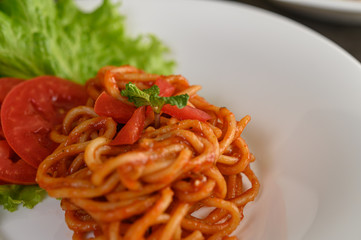 appetizing cooked spaghetti italian pasta with tomato sauce