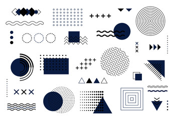 Geometric abstract elements memphis style. Vector blue and black minimal shapes for modern cover design. Set of funky bold constructivism graphics for posters, flyers