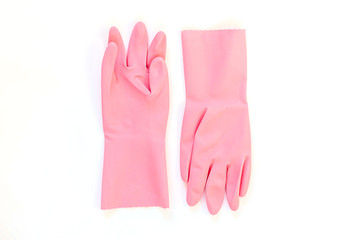 Pink rubber gloves isolated on a white background. Top view.