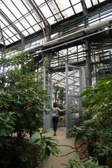 A girl standing near the door to the greenhouse with evergreen