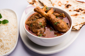 Hyderabadi Mutton Paya, Nehari, nahari or Nihari Masala. served with Naan and rice. selective focus
