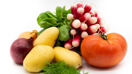 Radish, dill, red tomato, potatoes, red onion yellow onion on a white background. Isolated