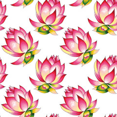 Blooming Lotus. Hand drawn decorative seamless pattern. Alcohol markers illustration. Isolated on a white background.