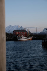 Scandinavia, Norway, Lofoten Islands, bay of fisherman village Ballstad. Mountains in the background. An unique nature. Typical red rorbu houses. 