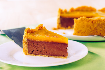 Homemade chocolate caramel cheesecake piece