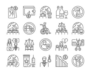 Social problem black line icon. Poverty, bankruptcy, inequality, disability, prostitution, planet pollution, suicide, parent single. Sign for web page, mobile app, banner social media. Editable stroke