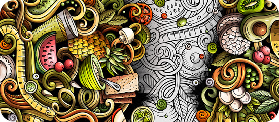 Diet food hand drawn doodle banner. Cartoon detailed flyer.