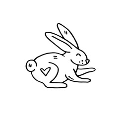 Funny cartoon hand drawn vector doodle rabbit. Easter symbol, animal, design element. Isolated on white background. Easy to change color. Sticker, icon, illustration. Cute animal. Line Art minimalist