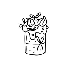 Easter cake, bakery product, Easter food doodle hand drawn vector illustration, sticker. Easy to change color. Isolated on white background. Sweet, tasty holiday food with ornate decoration.