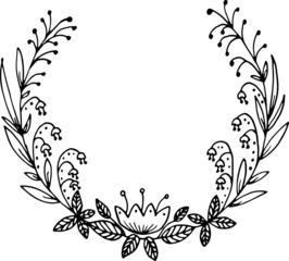 Hand drawn spring floral and herbs wreath with different fantasy leaves. Round frame. Creative decorative elements. Perfect for valentines day, stickers, wedding, birthday, save the date invitation.