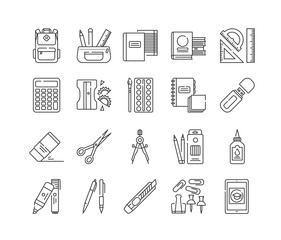 Stationery black line icons set. School, office supplies. Calculator, backpack, eraser, pens, e-learning, brush, flash drive, scissors, ruler, notebook. Sign for web page, mobile app, banner.