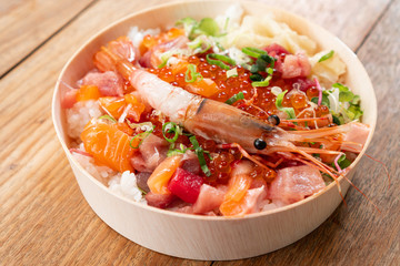 Tasty and delicious chirashi japanese food on wooden table background, Healthy Eating and Eat Well...