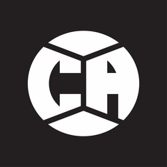 CA Logo monogram with piece circle ribbon style on black background
