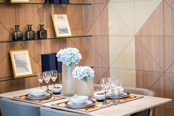 Contemporary interior design of modern style dining area, dining table with copy area.