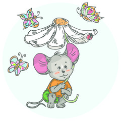 Illustration with cute little mouse with big chamomile. Can be used for baby t-shirt print, fashion print design, kids wear, baby shower celebration greeting and invitation card.