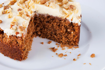 Close-up of walnut cake in plate over white background