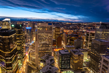 Calgary's downtown core from above at blue hour. 
