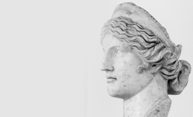 Profile of female young roman statue - black and white photo with closeup