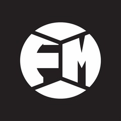 FM Logo monogram with piece circle ribbon style on black background