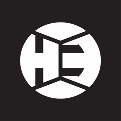 HE Logo monogram with piece circle ribbon style on black background