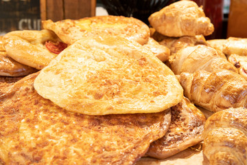 Close up of different street bakery products. Unhealthy food