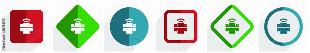 Leinwandbilder Printer icon set, flat design vector illustration in 6 options for webdesign and mobile applications in eps 10