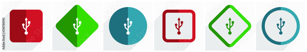 Leinwandbilder usb icon set, flat design vector illustration in 6 options for webdesign and mobile applications in 