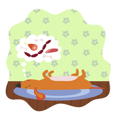 The dog sleeps and in a dream sees delicious food - sausage, sausages, bones. Flat vector illustration.