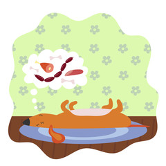 The dog sleeps and in a dream sees delicious food - sausage, sausages, bones. Flat vector illustration.