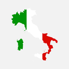 Vector icon map of Italy. Map of Italy in the color of the Italian flag. Illustration of a map of Italy in flat minimalism style and text: Italy.