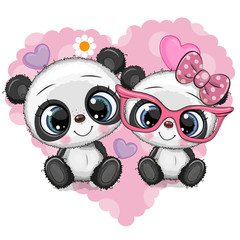 Cartoon Pandas on a heart background