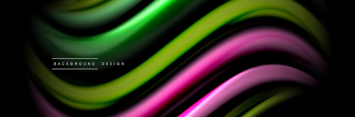Silk and smooth flow wave poster design. Color waves, liquid style lines and shapes in black color background