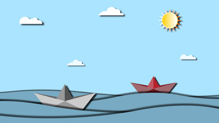 Fototapeta na wymiar Paper boat swimming in the ocean waves, folding origami toy boat, floating paper in the ocean with beautiful ocean scenery with clouds in the sky.