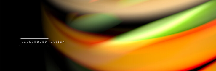 Silk and smooth flow wave poster design. Color waves, liquid style lines and shapes in black color background