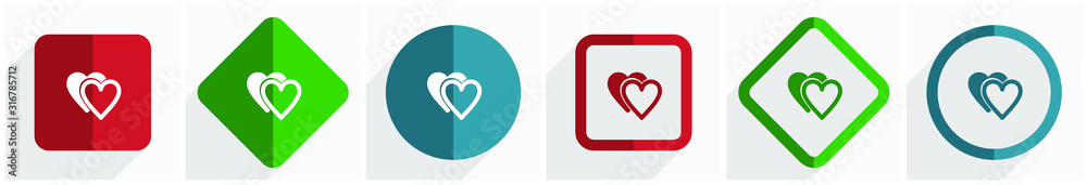 Leinwandbilder love icon set, flat design vector illustration in 6 options for webdesign and mobile applications in