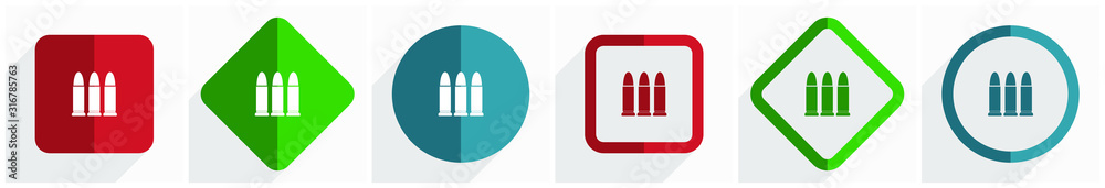 Aufkleber ammunition icon set, flat design vector illustration in 6 options for webdesign and mobile applicati