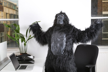 Angry young man in gorilla costume looking up at office