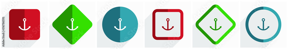 Poster Anchor icon set, flat design vector illustration in 6 options for webdesign and mobile applications in eps 10