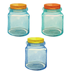 Set of glass jars with a wide neck with a wooden lid on a white background. Stained glass jars.Watercolor jars are suitable for festive printing, stickers, fabrics, wrapping paper.