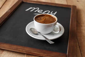 chalkboard food menu and coffee