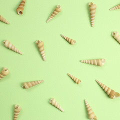 Fototapeta premium Marine decoration conch seashells on green background
