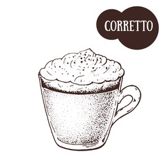 Corretto coffee cup sketch. Hand drawn illustration. Engraved vector illustration. Corretto cup.