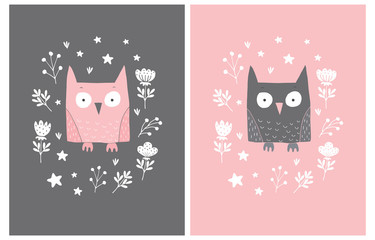 Lovely Vector Illustration with Cute Pink and Brown Owl In a White Floral Frame Isolated on a Pink and Brown Background. Funny Nursery Art for Card, Invitation, Wall Art, Greeting, Poster.