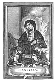 Antique vintage religious allegorical engraving or drawing of Christian holy woman saint Odile of Alsace or Odilia or Ottilia.Illustration from Book Die Betrubte Und noch Ihrem Beliebten..., Austrian