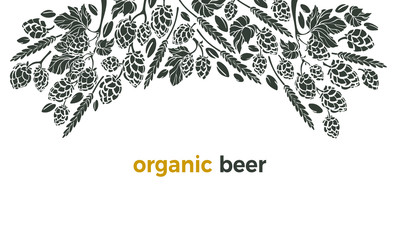 Obraz premium Vector card. Organic beer Twig of hop, wheat grain