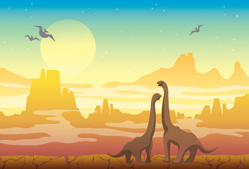 Prehistoric nature - diplodocus, mountains and pterodactyls.