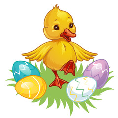 Cute little duck with Easter painted eggs. Spring vector illustration.